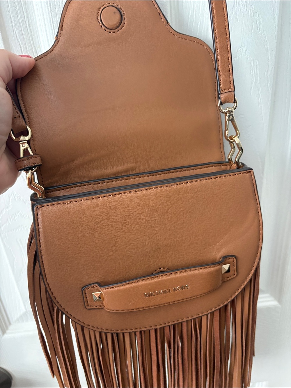 Michael Kors CARY Tan Brown Leather Fringe Saddle small Crossbody Shoulder Bag - Picture 7 of 10